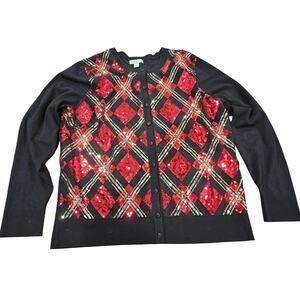 Charter Club Sequin Plaid Cardigan Sweater Black Red Women’s Large Button Up